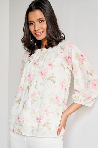 White Straight Floral Top, White, image 2